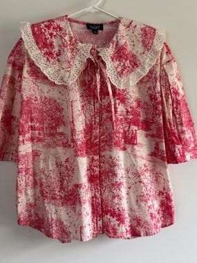 Gigio Red Toile Lace Peter Pan Collar Button-Down Blouse Top Puff Sleeve Cottage